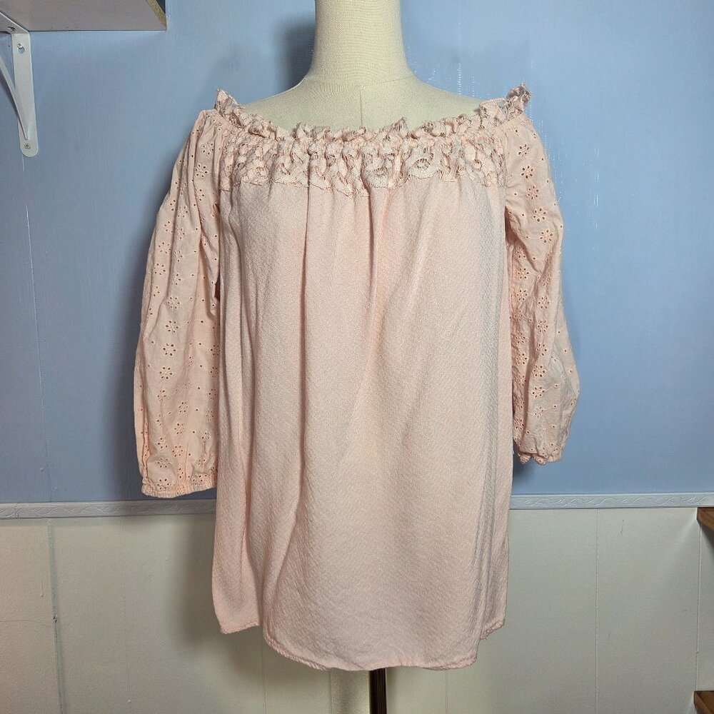 Knox Rose Medium Pink Ruffle Off the Shoulder Eyelet 3/4 Sleeve Summer Blouse